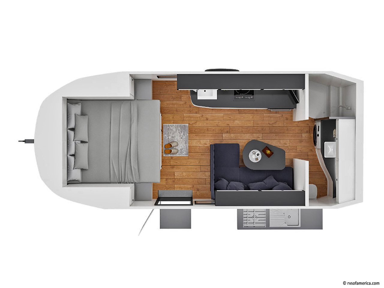 La pianta della caravan Kimberley Kampers Kruiser S-Klass modello Classic da 2 posti letto.
